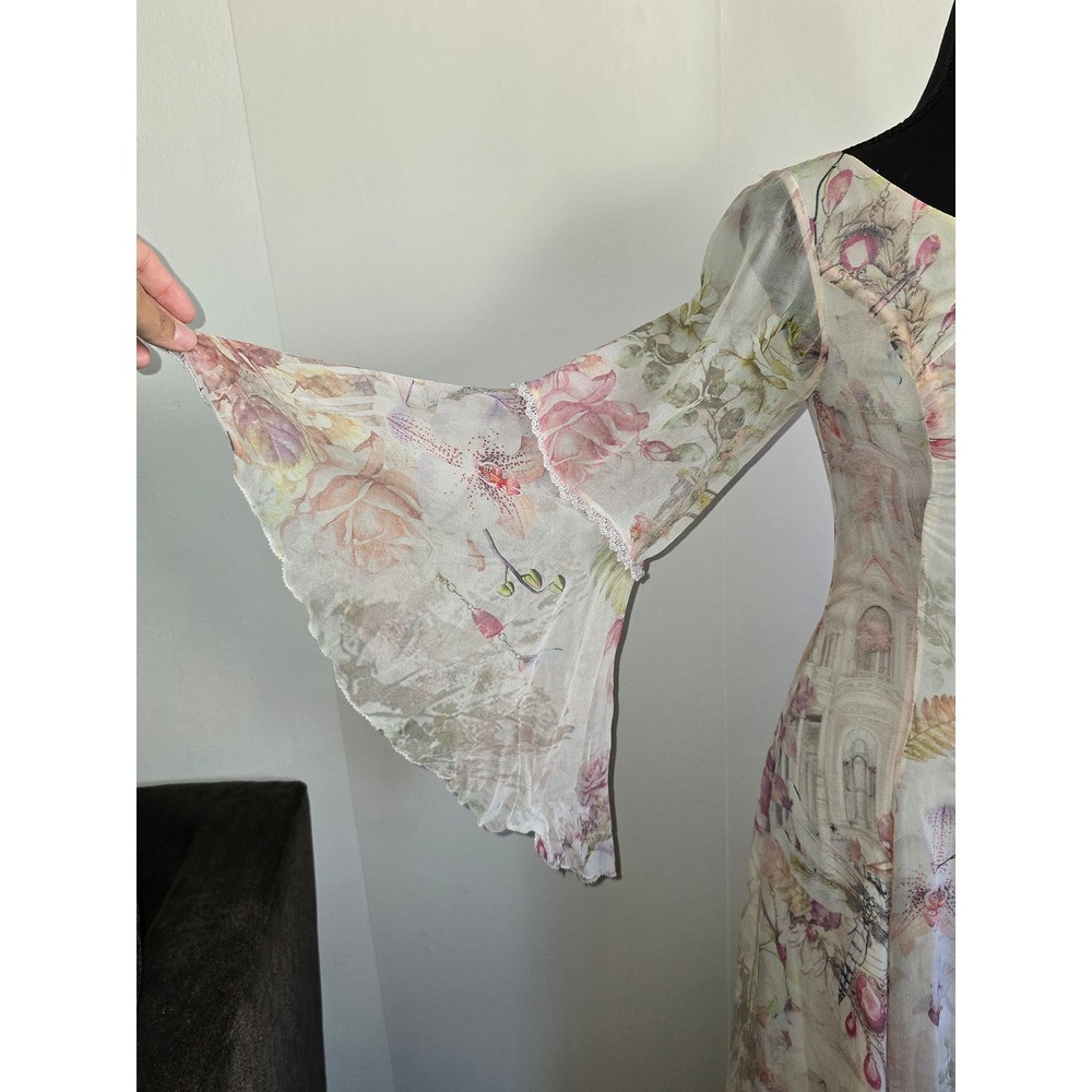 Romantic Floral Maxi Dress Women Sheer Overlay Bell Sleeve renfair fairycore - Picture 5 of 16
